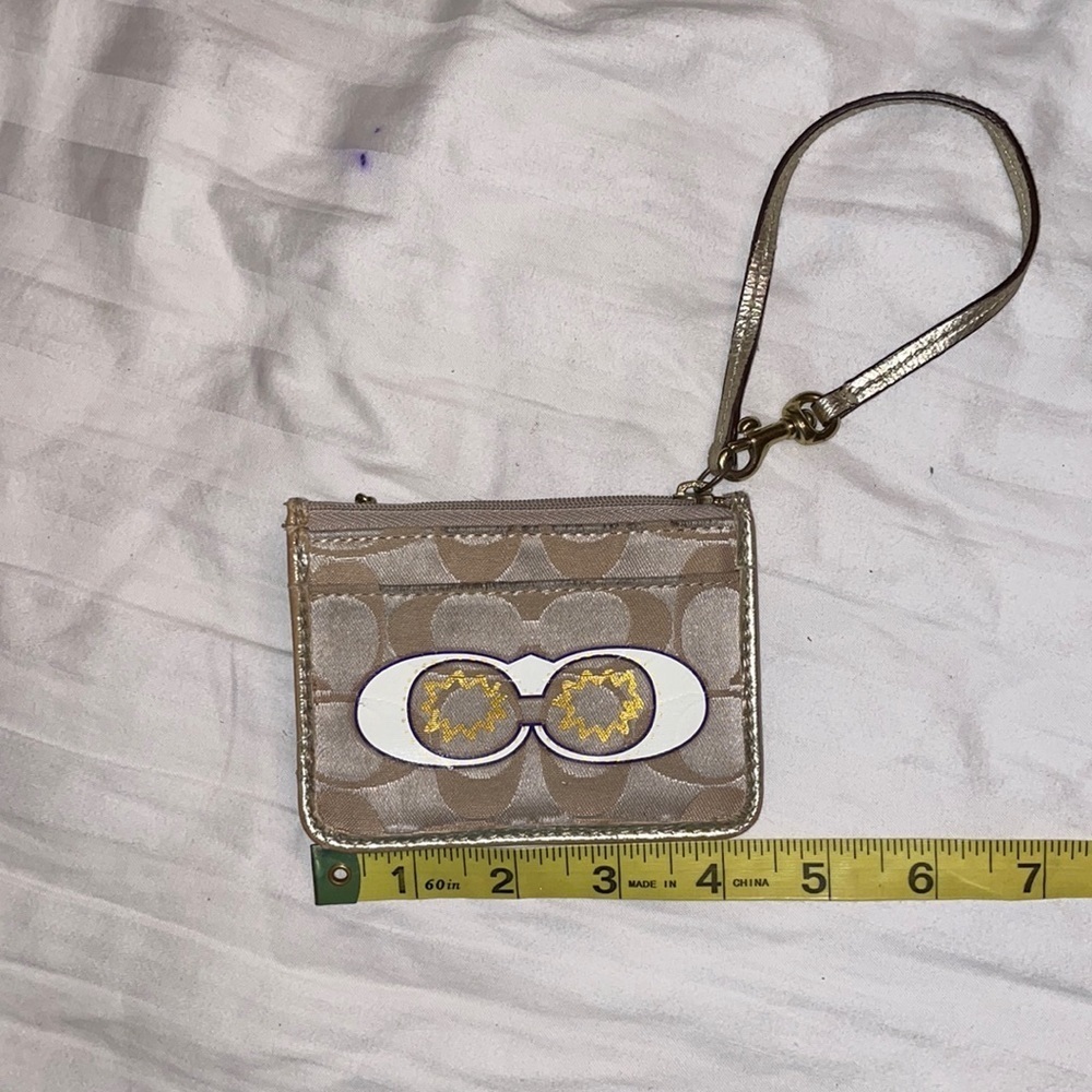 Coach gold wallet clutch wristlet keychain small leather canvas